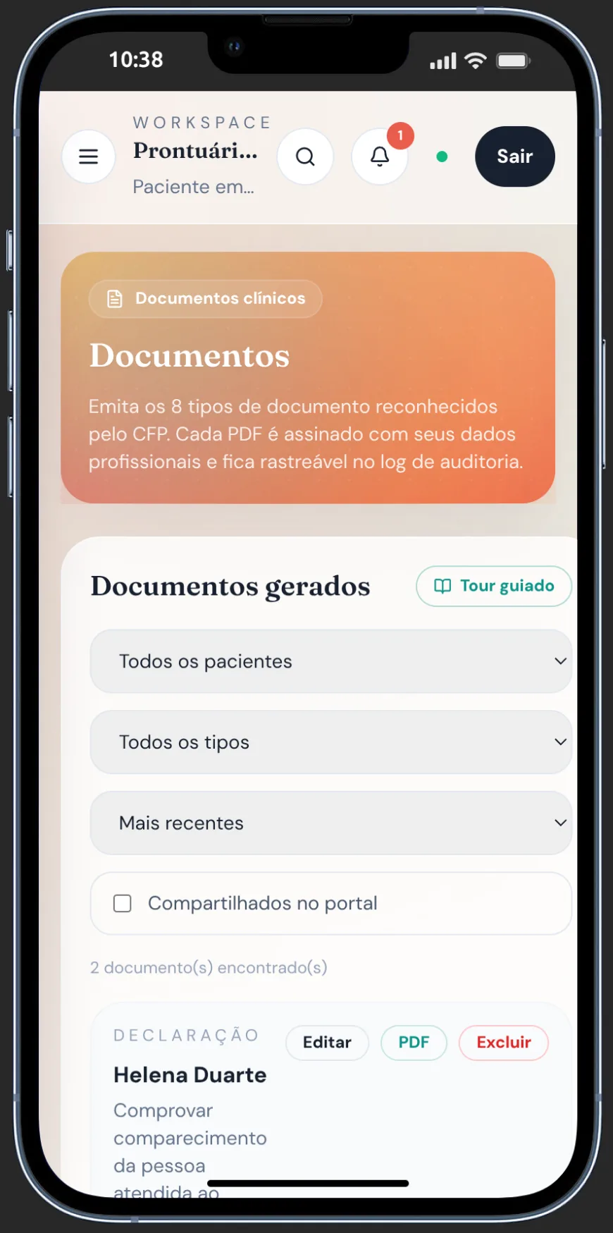Tela de documentos clínicos — LuminiPsi