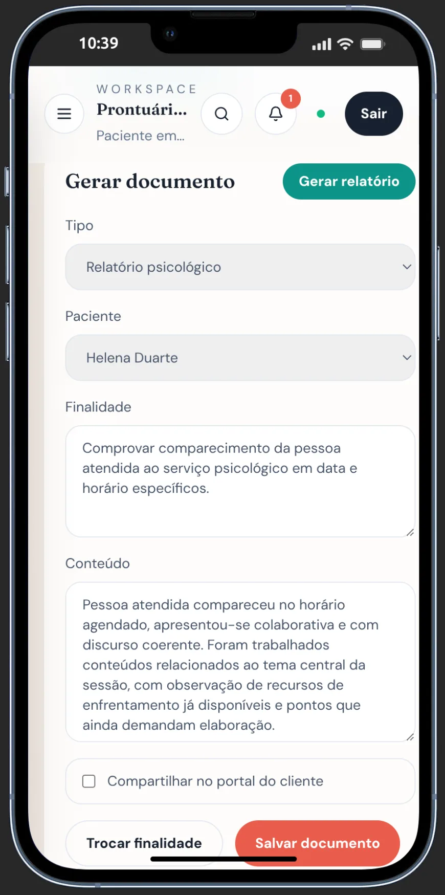 Tela de geração de relatório — LuminiPsi